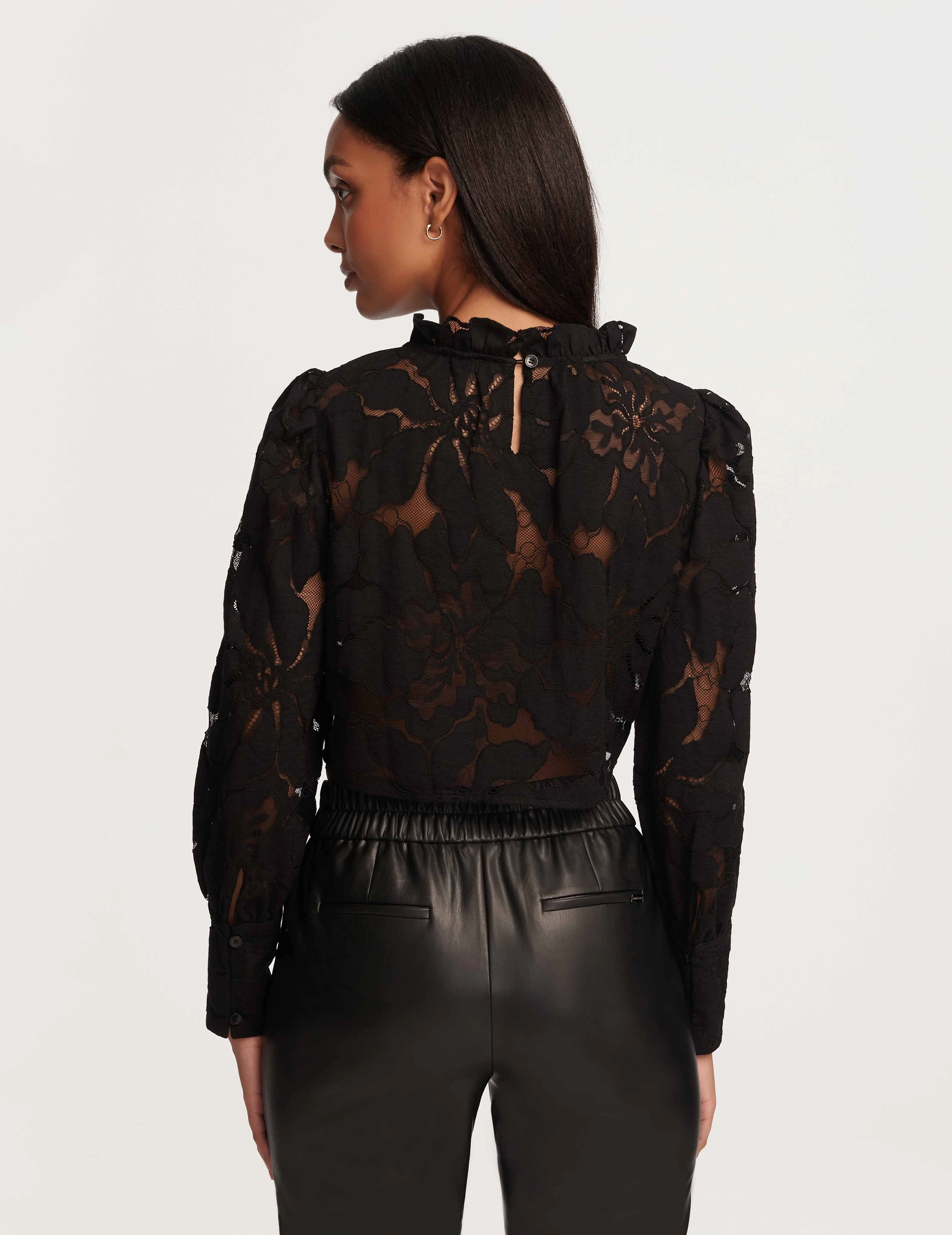 Cropped Ruffle Neck Blouse With Floral Lace- Sale
