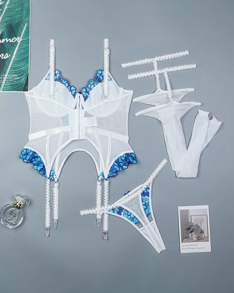 Embroidered Patchwork Corset Sets with Stockings