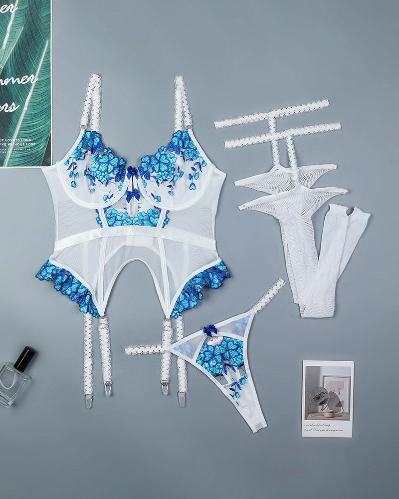 Embroidered Patchwork Corset Sets with Stockings