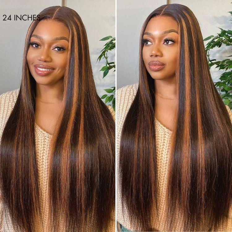 Exclusive Sale | Elegant Copper Ombre Highlights Loose Body Wave / Silky Straight Glueless 5x5 Closure Lace Wig Breathable Cap