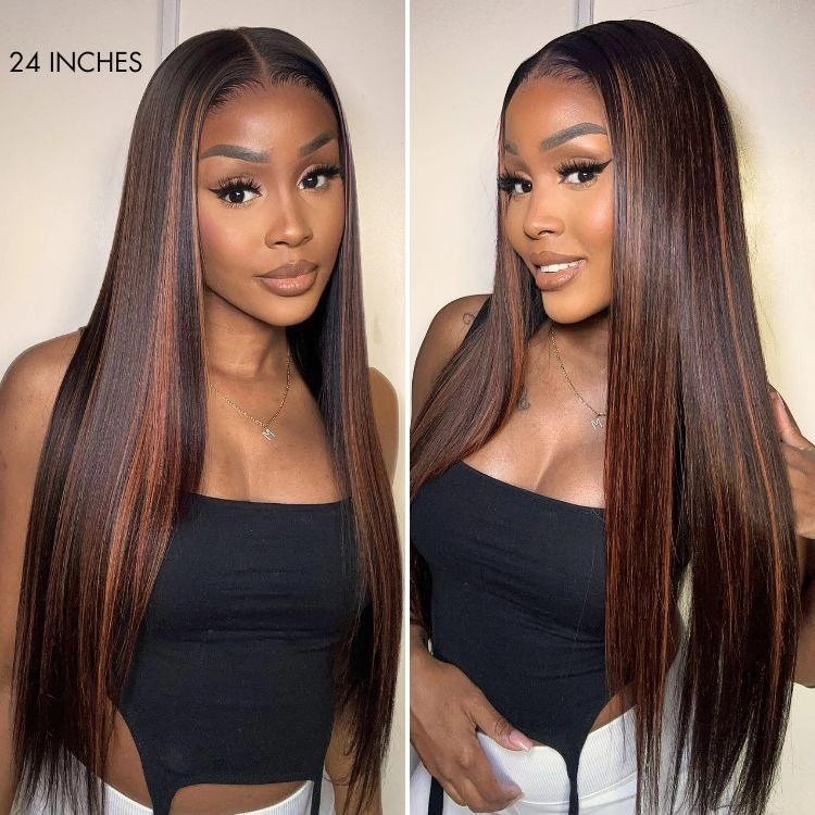 Exclusive Sale | Elegant Copper Ombre Highlights Loose Body Wave / Silky Straight Glueless 5x5 Closure Lace Wig Breathable Cap