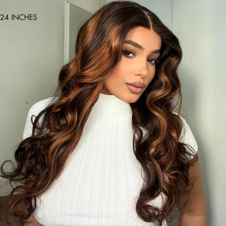Exclusive Sale | Elegant Copper Ombre Highlights Loose Body Wave / Silky Straight Glueless 5x5 Closure Lace Wig Breathable Cap