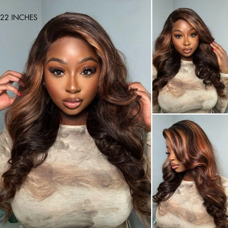 Exclusive Sale | Elegant Copper Ombre Highlights Loose Body Wave / Silky Straight Glueless 5x5 Closure Lace Wig Breathable Cap