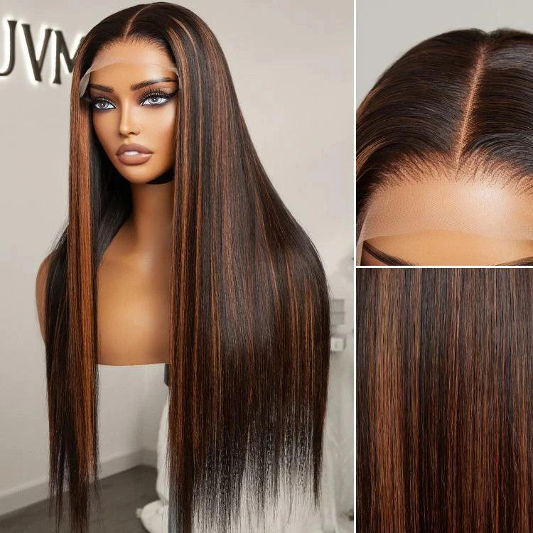 Exclusive Sale | Elegant Copper Ombre Highlights Loose Body Wave / Silky Straight Glueless 5x5 Closure Lace Wig Breathable Cap