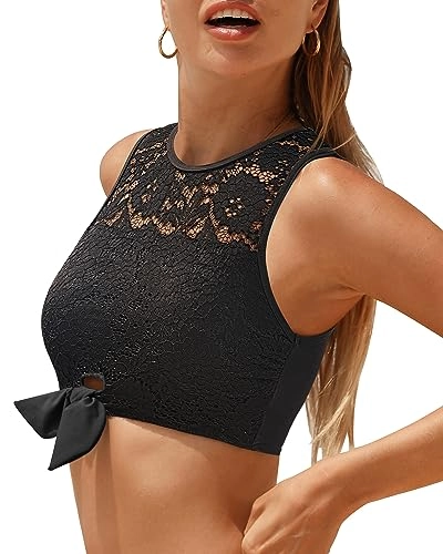 High Neck Swim Top Tie-Front Lace Crop Top
