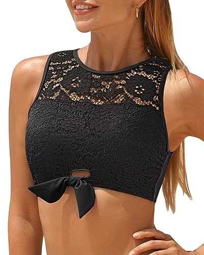 High Neck Swim Top Tie-Front Lace Crop Top