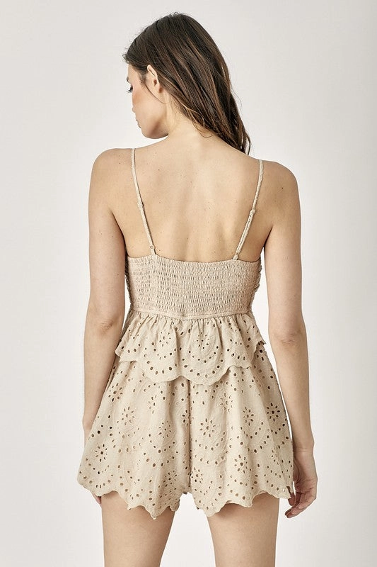 Mustard Seed Scallop Edge Front Tie-Up Romper