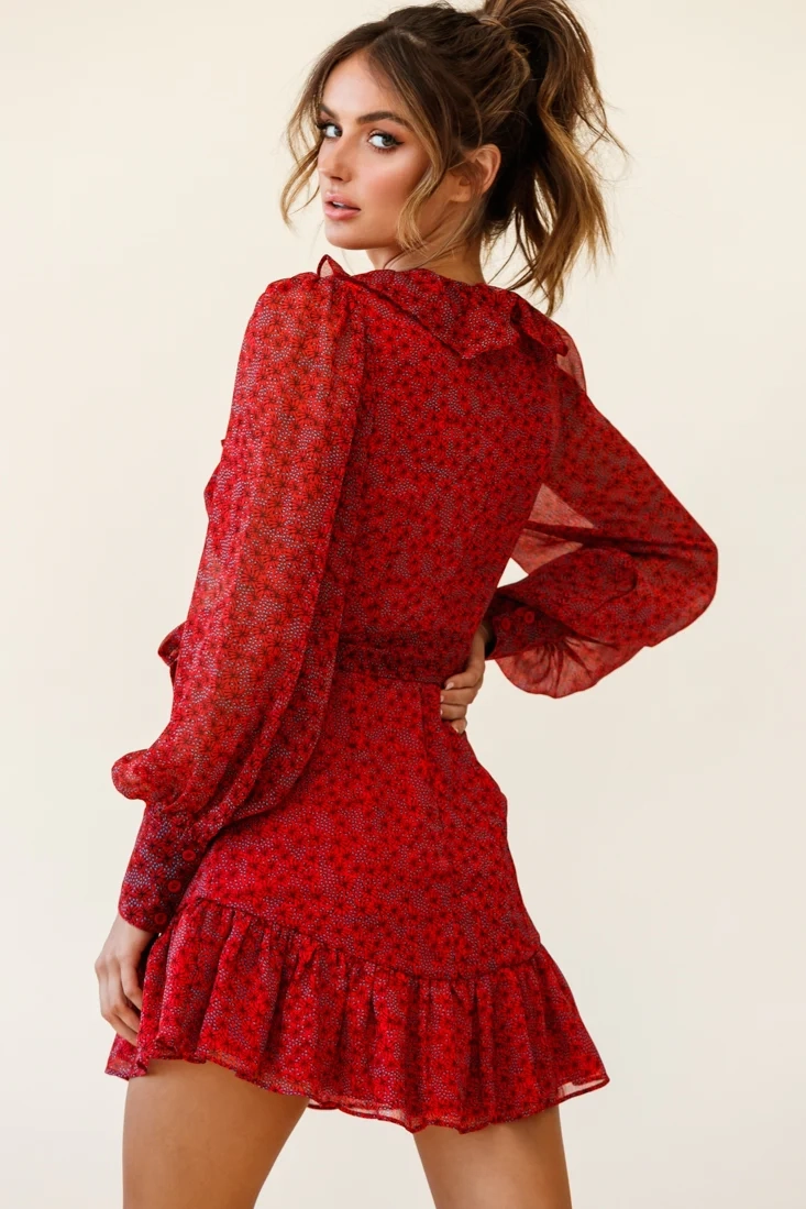 Regina Long Sleeve Ruffle Neckline Dress Flower Print Red