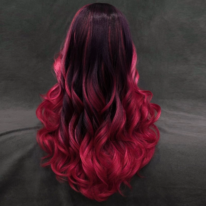 Rose - Wine Red With Dark Root Long Wavy Synthetic Lace Front Wig
