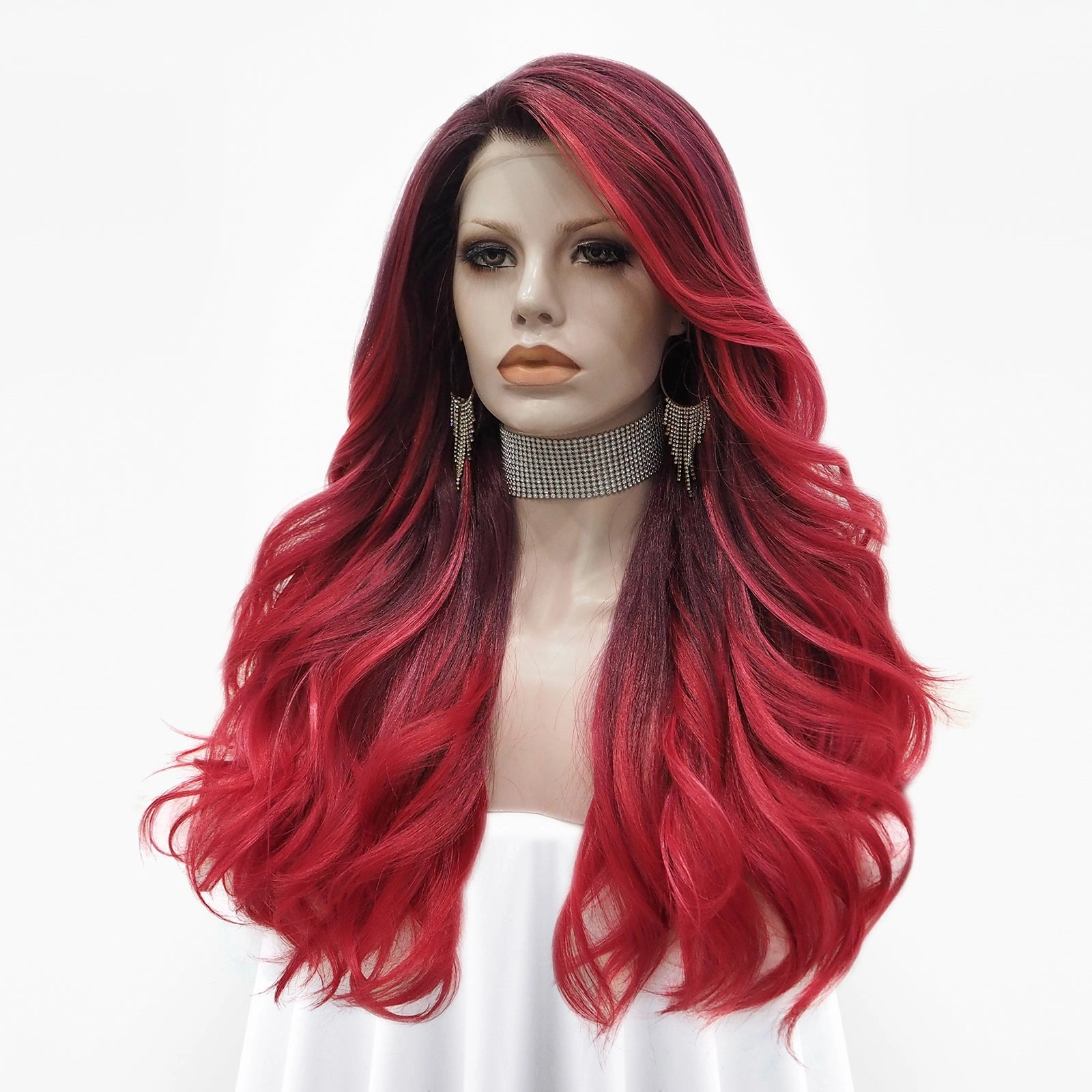 Rose - Wine Red With Dark Root Long Wavy Synthetic Lace Front Wig