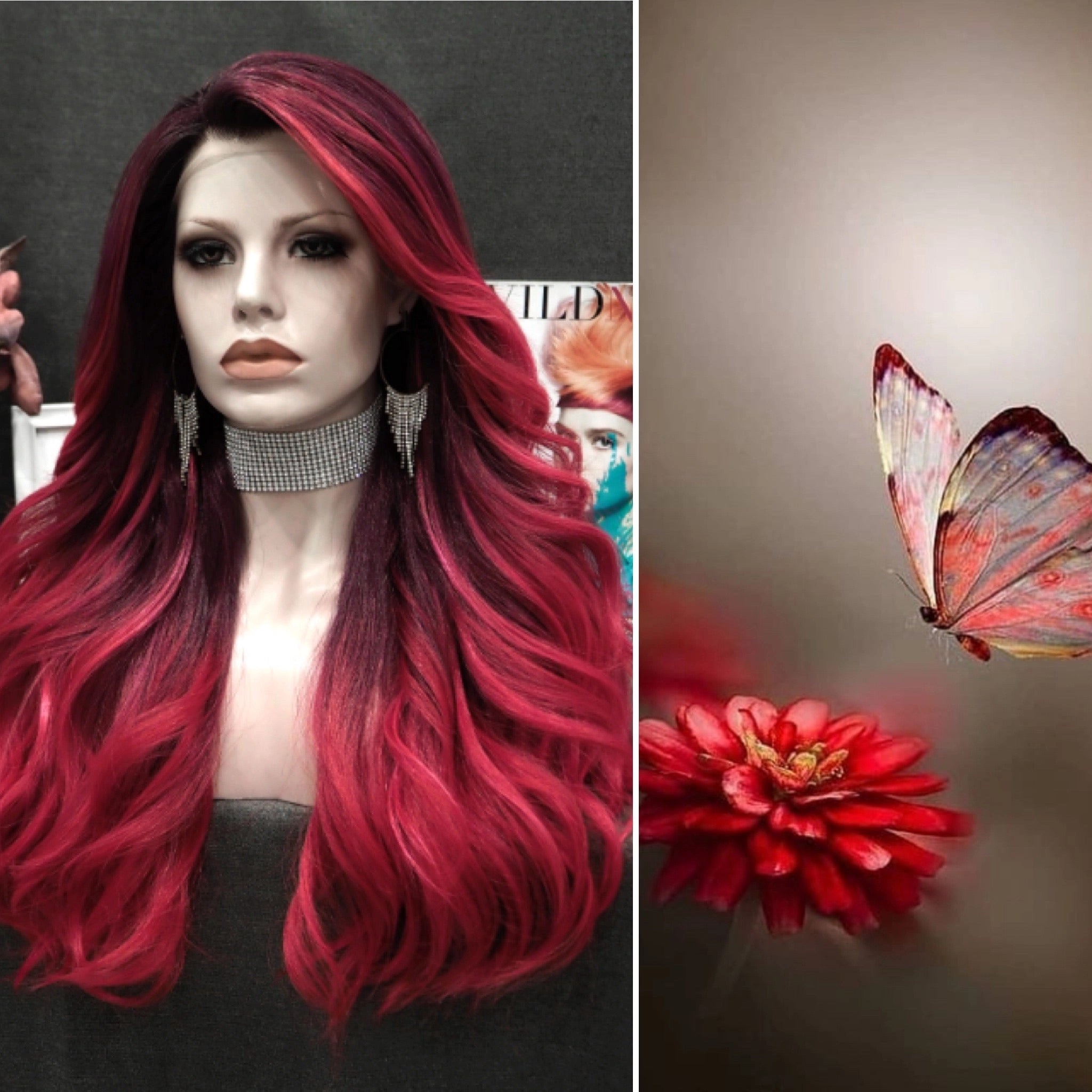 Rose - Wine Red With Dark Root Long Wavy Synthetic Lace Front Wig
