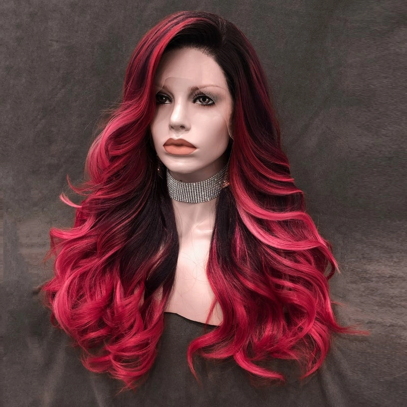 Rose - Wine Red With Dark Root Long Wavy Synthetic Lace Front Wig