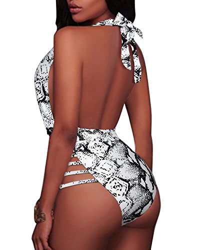 Show Off Your Curves Plunge Deep V Neck One Piece Swimsuits-Black And White Snake Print