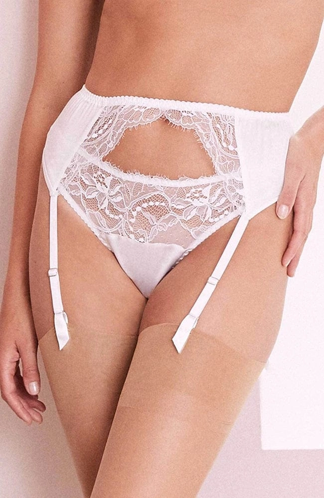 Signature White Lace Balcony Bra, Suspender and Brief Set