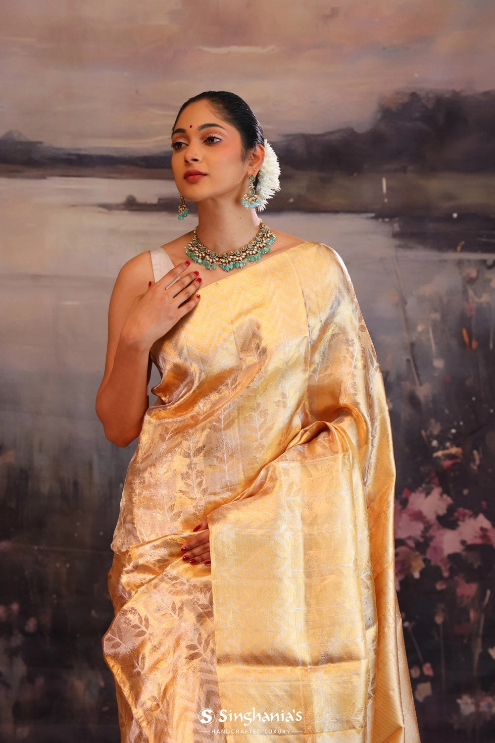 Sunset Gold Floral Kanjivaram Silk Saree