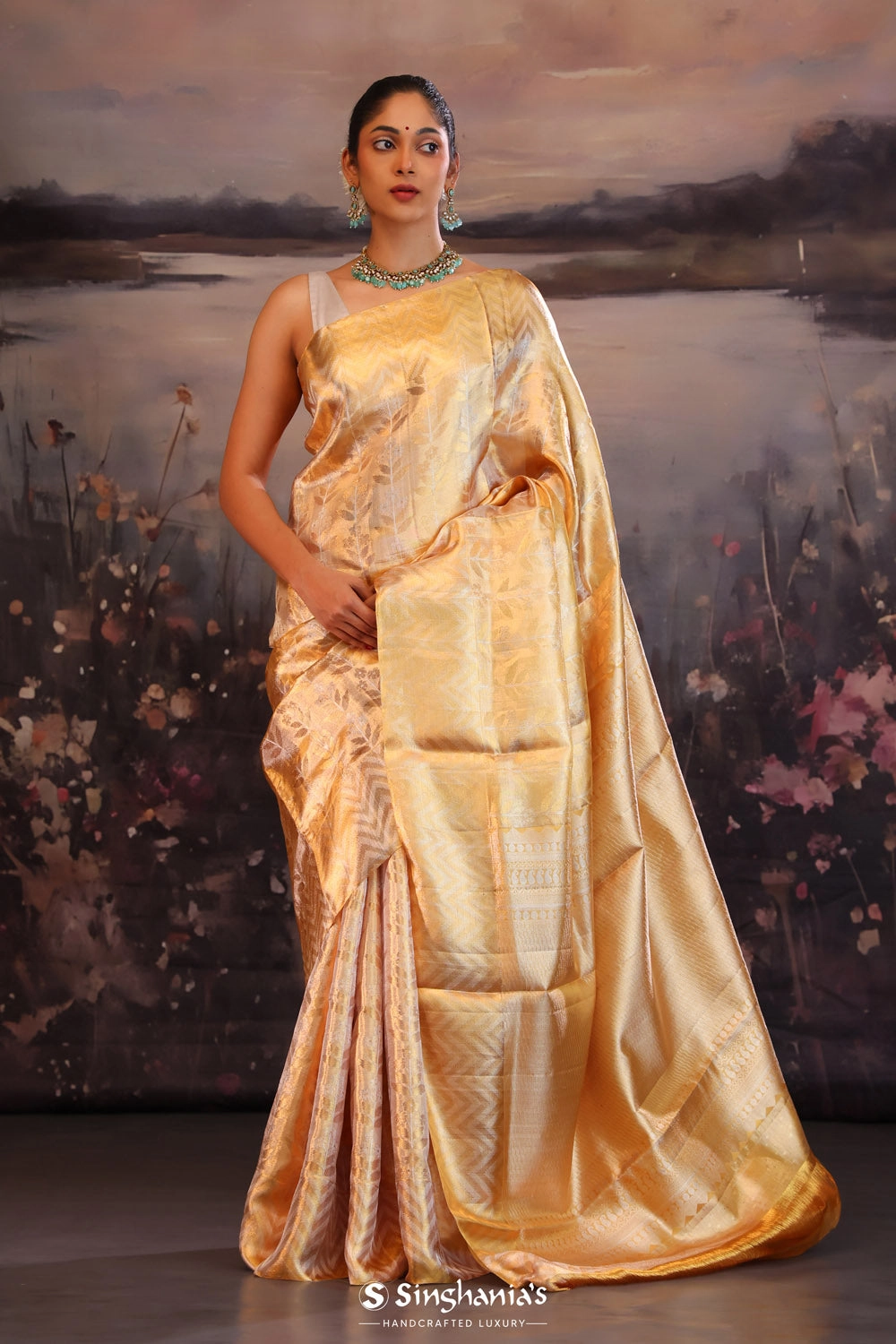 Sunset Gold Floral Kanjivaram Silk Saree