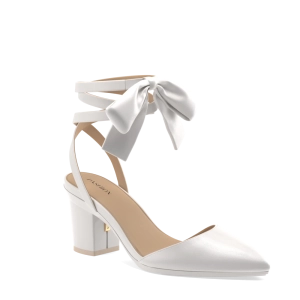 The D'Orsay - White Satin Bow   Block Heel Kit 3 White - FINAL SALE