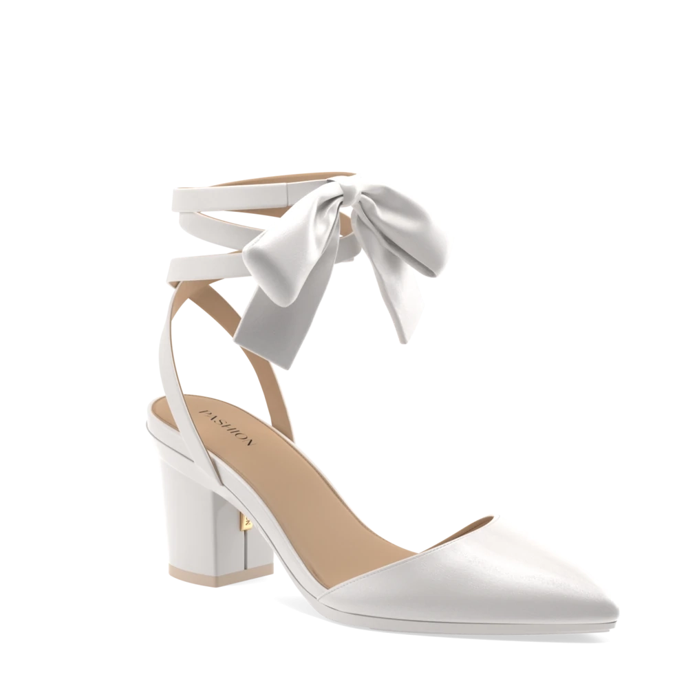 The D'Orsay - White Satin Bow   Block Heel Kit 3 White - FINAL SALE