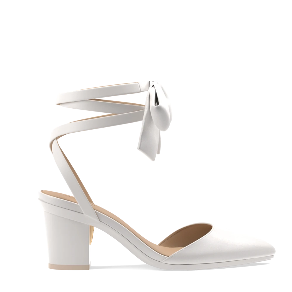 The D'Orsay - White Satin Bow   Block Heel Kit 3 White - FINAL SALE
